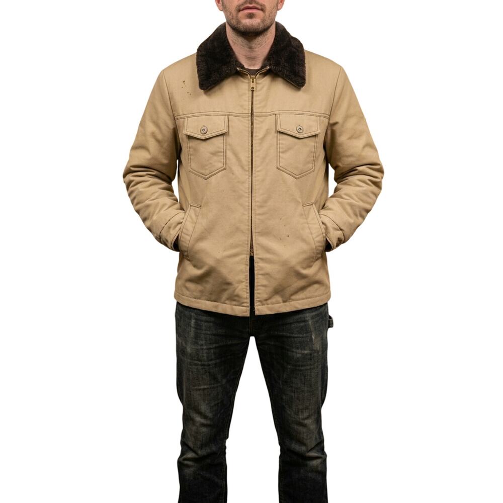 Vintage William Barry Mens Rancher Jacket Coat Faux Fur Collar Tan Size 44 L